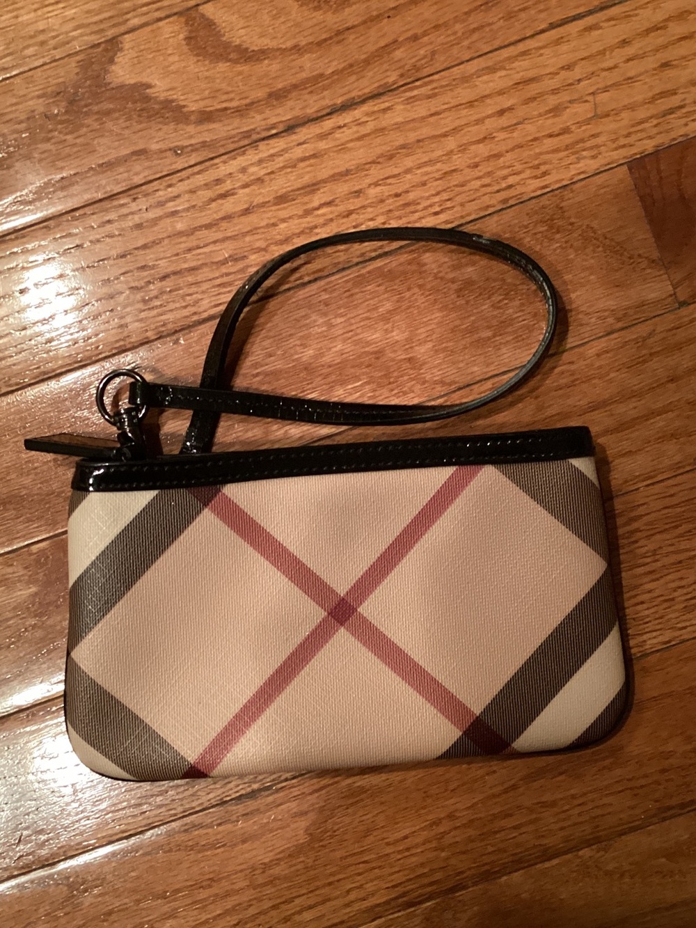 Burberry Beige Plaid Wristlet with Black Trim and Strap